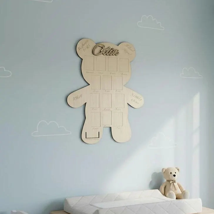 Cadre Photo Premier Anniversaire Bébé en Bois - Ours Personnalisé - Cadeau de Naissance Gravé - Souvenir 12 Mois - Décoration Chambre