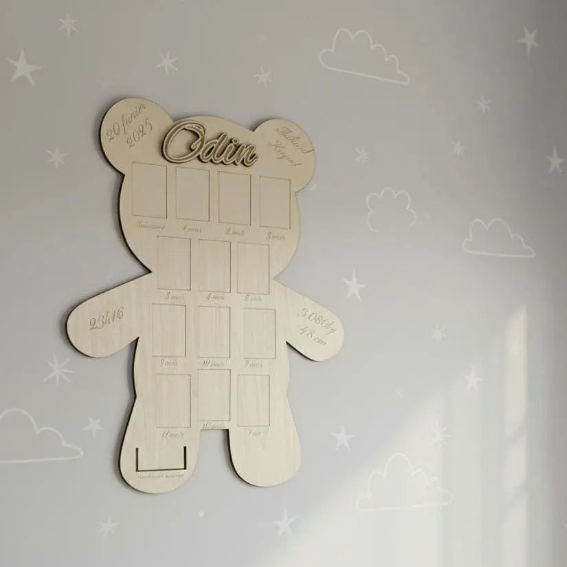 Cadre Photo Premier Anniversaire Bébé en Bois - Ours Personnalisé - Cadeau de Naissance Gravé - Souvenir &nbsp;12 Mois - Décoration Chambre