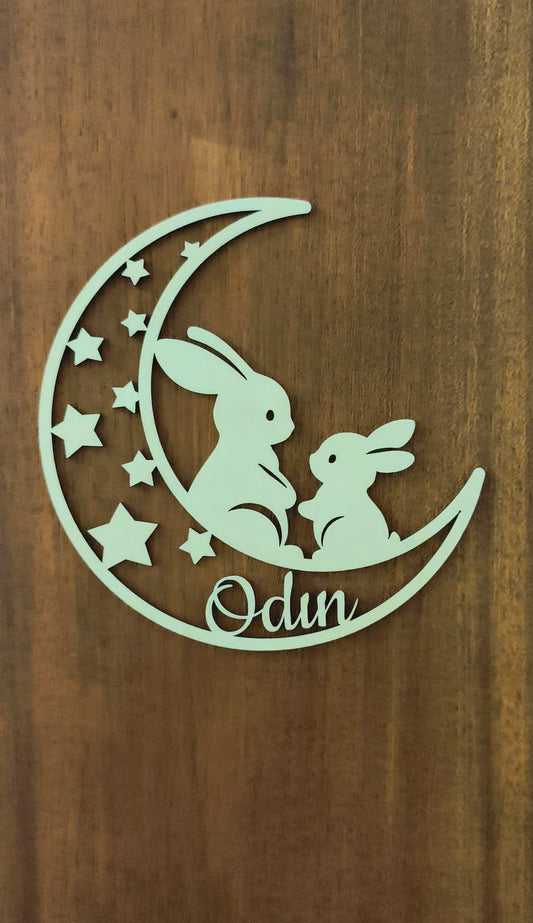 Plaque de porte personnalisée enfant - Décoration chambre bébé bois - Cadeau naissance personnalisé - Thème Lapin et Lune