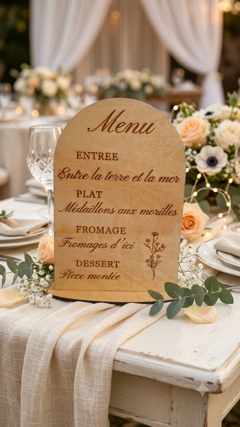 Menu de Mariage en Bois Personnalisé, Menu Gravé Arche, Décoration de Table Mariage Bohème, Menu Mariage Champêtre, Menu de baptême, Anniversaire.