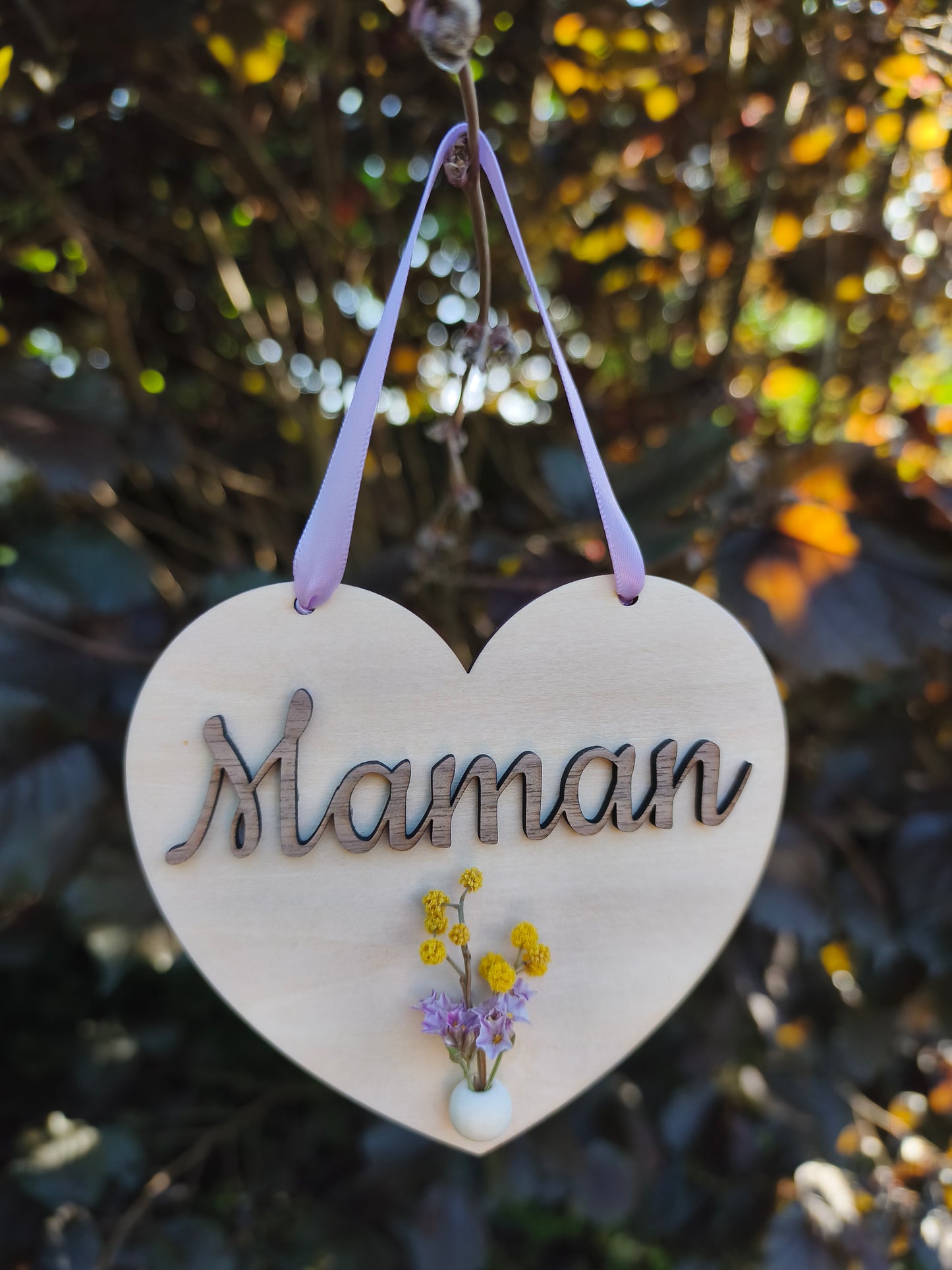 Suspension Cœur "Maman" en bois et fleurs séchées – Artisanat Français