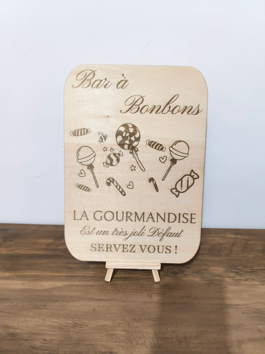 Panneau Bar à Bonbons en Bois, Pancarte Candy Bar Mariage, Décoration de Table Gourmande, Signalétique Mariage Bois, Panneau Gravé "La Gourmandise est un joli défaut", Support Candy Bar.